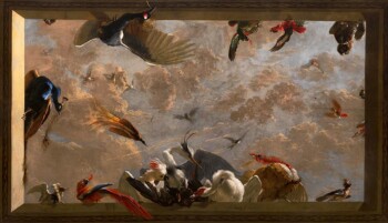 Abraham Busschop - Trompe-l'oeil plafondstuk met 'De raaf die beroofd wordt van de veren waarmee hij zich had getooid' - Canvas Giclée - Geen lijst - Canvas