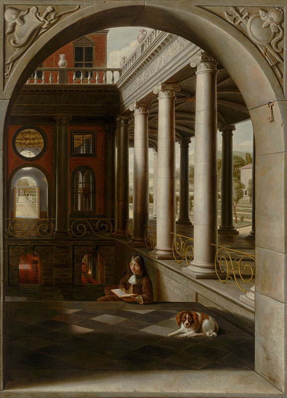 Samuel van Hoogstraten - Perspectiefstuk met een lezende jongeman in een renaissancepaleis - Canvas Giclée - Geen lijst - Canvas
