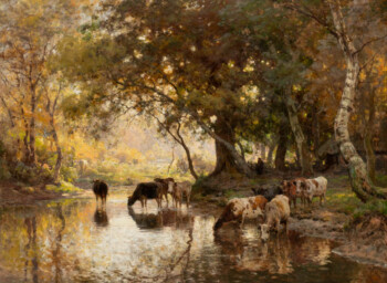 Julius van de Sande Bakhuyzen - Rustende koeienhoeder aan oever van door bomen omzoomde waterkant