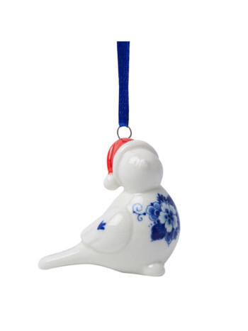 Kerstversiering Vogel met Kerstmuts - Links - Keramiek - 6 cm