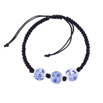 Bracelet bleu de Delft à 3 perles ornées de fleurs (ajustable)