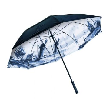 Parapluie bleu de Delft à motif de paysage hollandais avec bateaux et moulins à vent